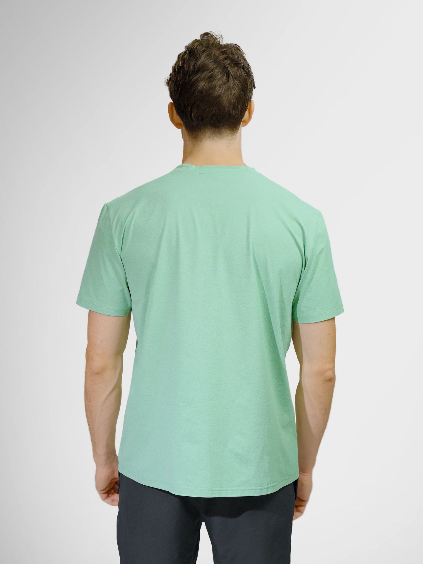 Clay Active men's workout and training gym tee shirt back view. Sage colour.