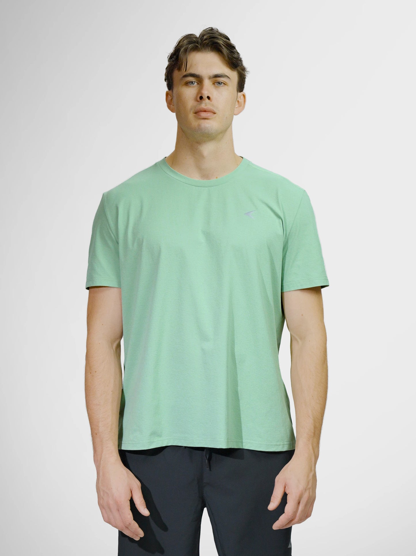 Clay Active's men's workout and training gym tee shirt front view. Sage colour.
