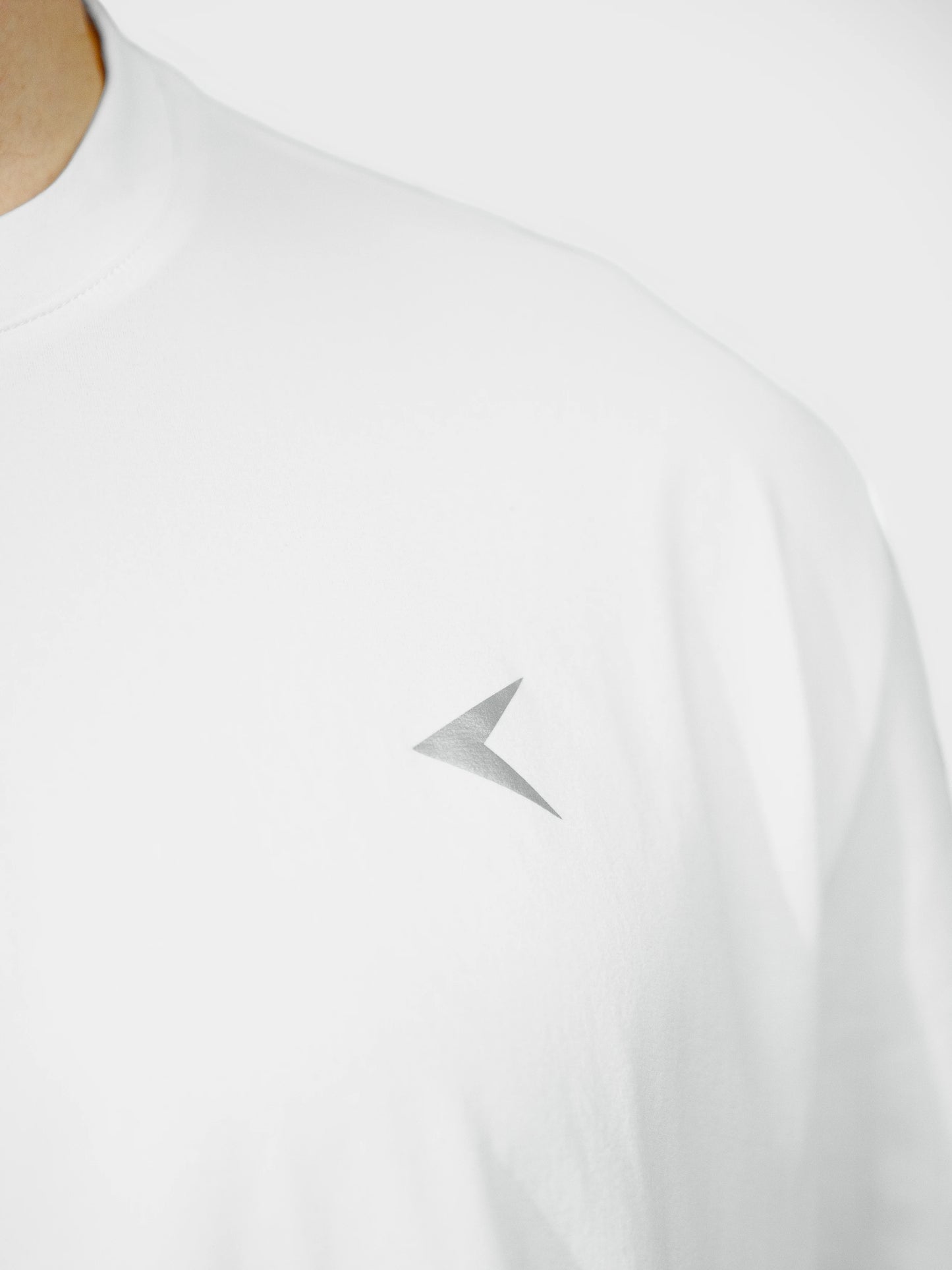 Clay Active men's workout and training tee shirt logo close up. White shirt.