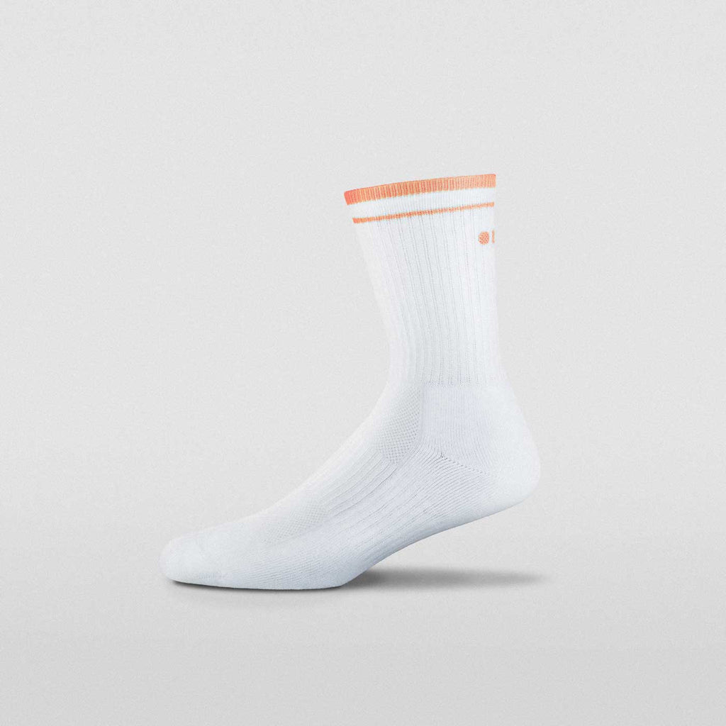 Men's white and orange tennis sock. Clay Active's retro court tennis socks are made in Australia.