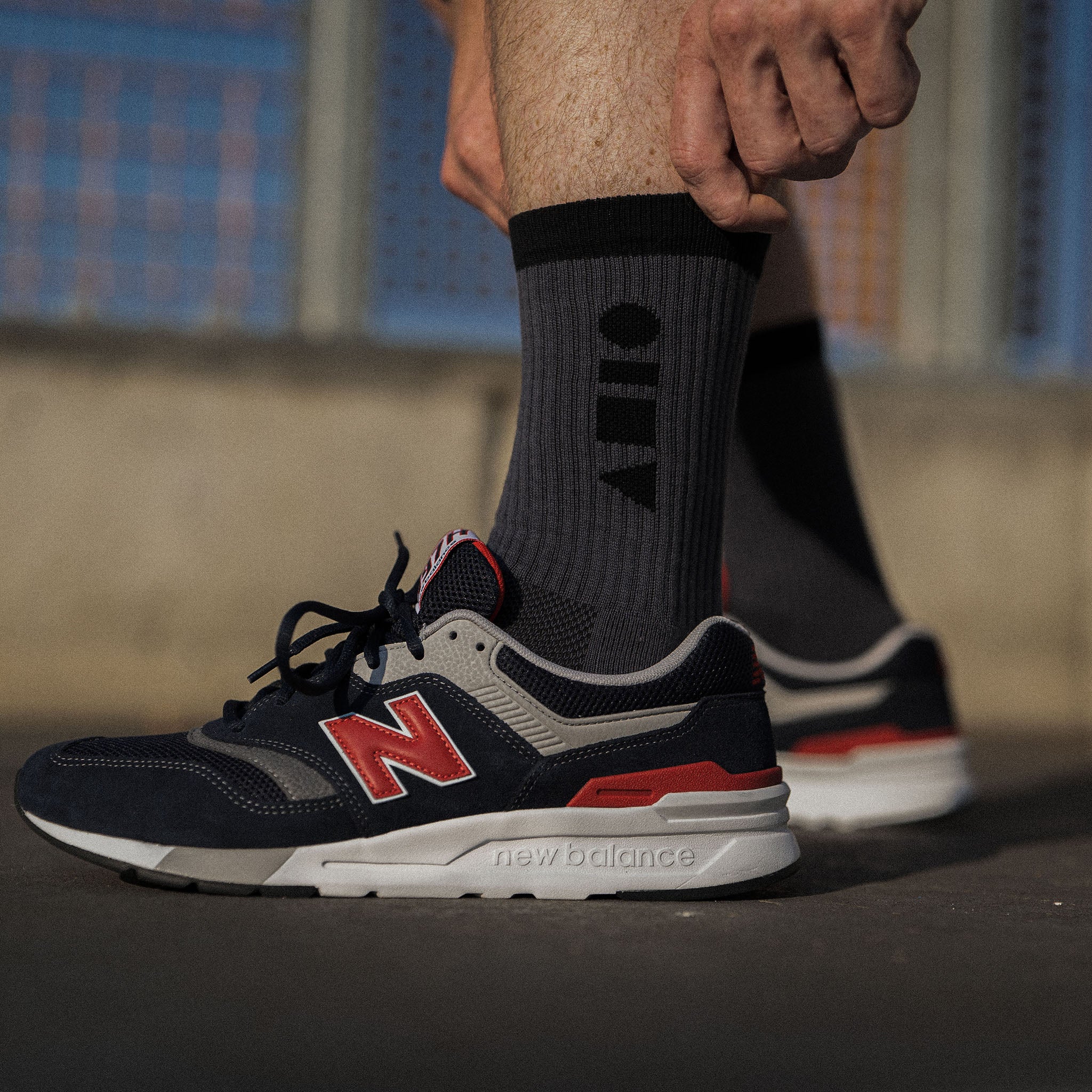 Clay Active's gunmetal grey sport sock with New Balance shoe. Training sock made in Australia, made for style and performance.