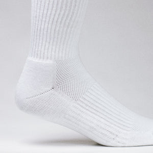 Clay Active men's white athletic sock close up in studio.