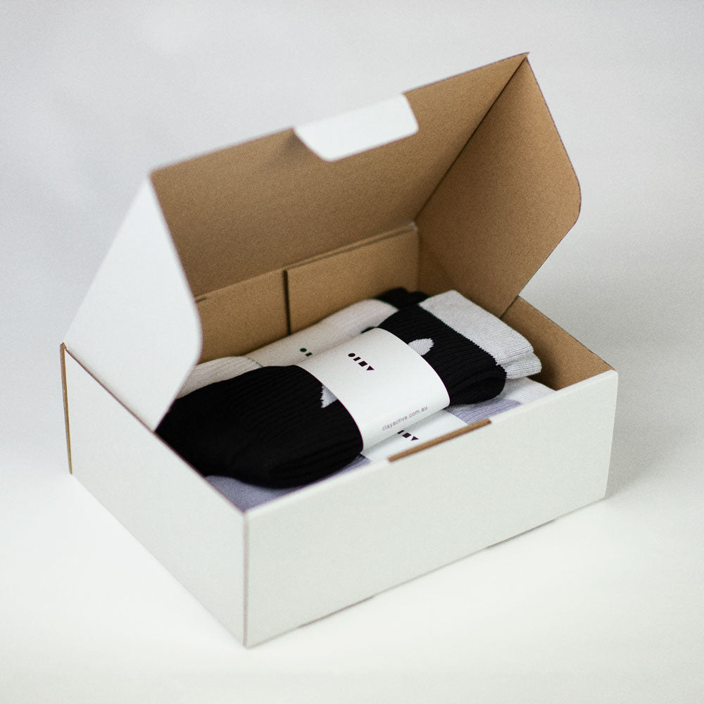 The Clay Active crew socks boxset as it comes - in a range of five stylish, Australian made premium quality sport socks. Made for the gym, training, running, tennis and basketball, these are extremely well performing sport socks.