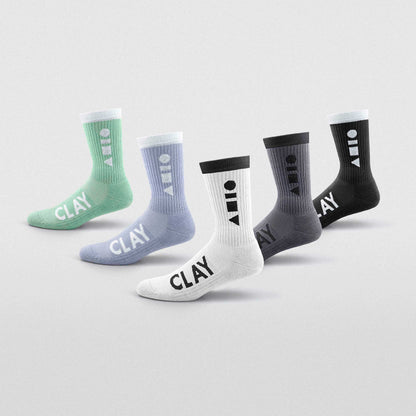 Clay Active's men's athletic crew socks 5 pairs in studio.