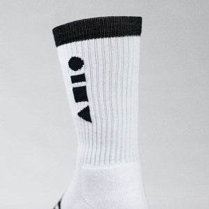 Clay Active's men's white Australian made athletic socks close up in studio.