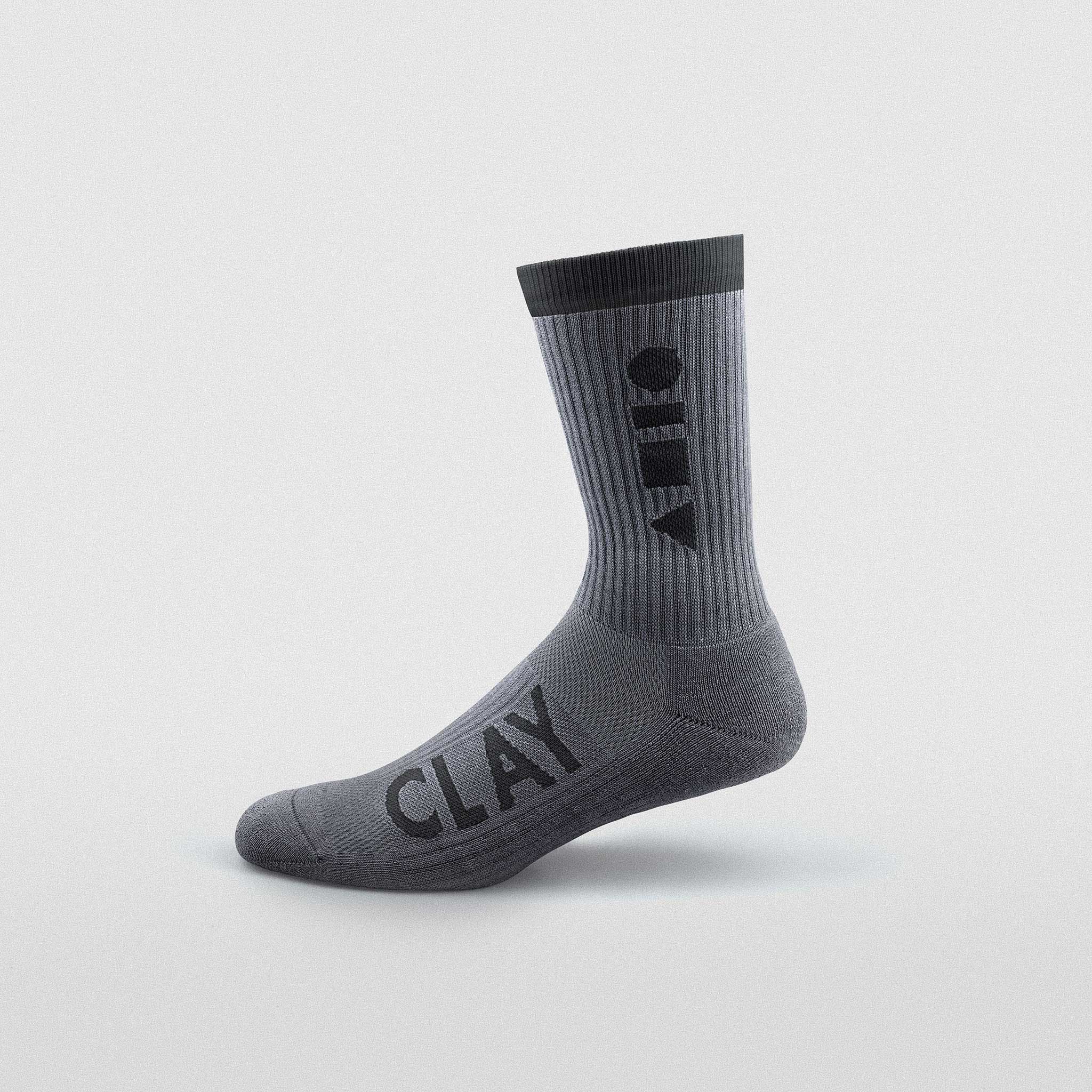 Clay Active men's grey athletic crew sock product image in studio.